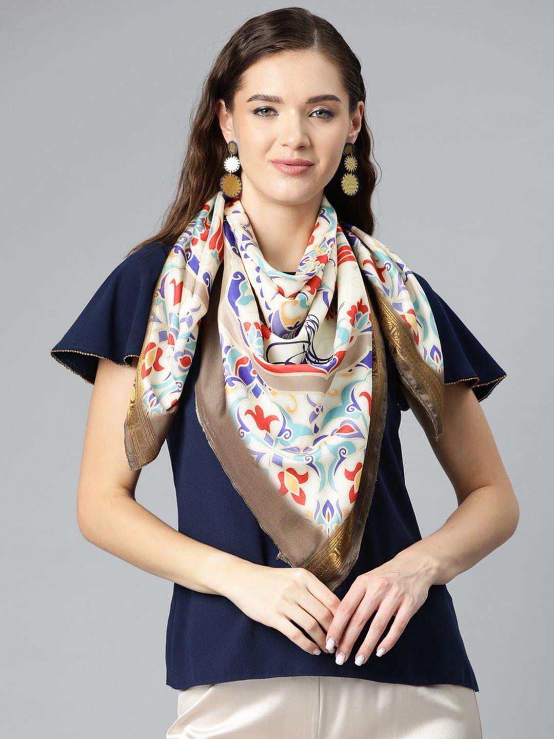 Women's Soft Silk Printed Scarves With Gold Zari