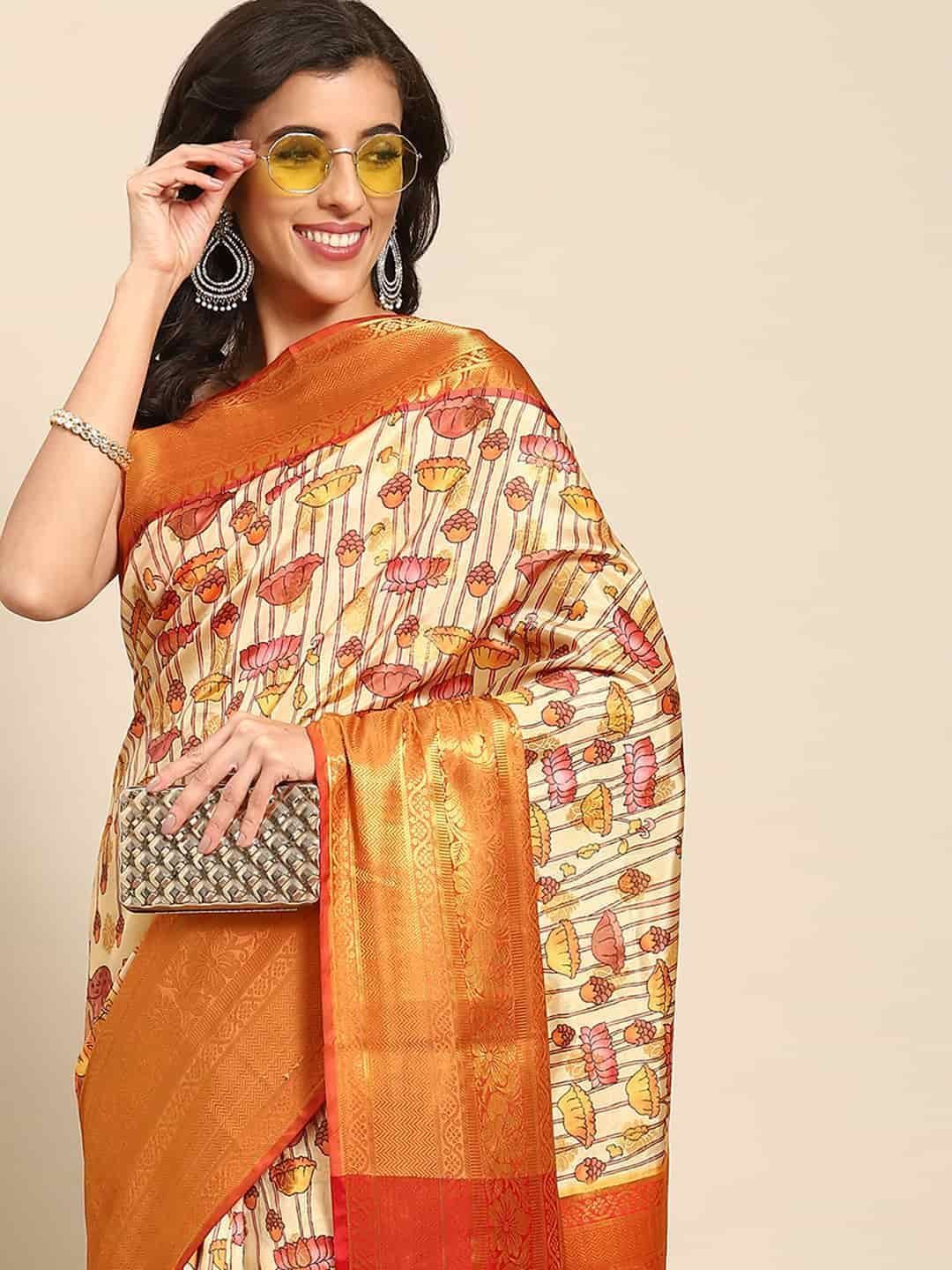 Women's Kalamkari Print with Regal Weave Silk Saree With Unstiched Blouse Piece