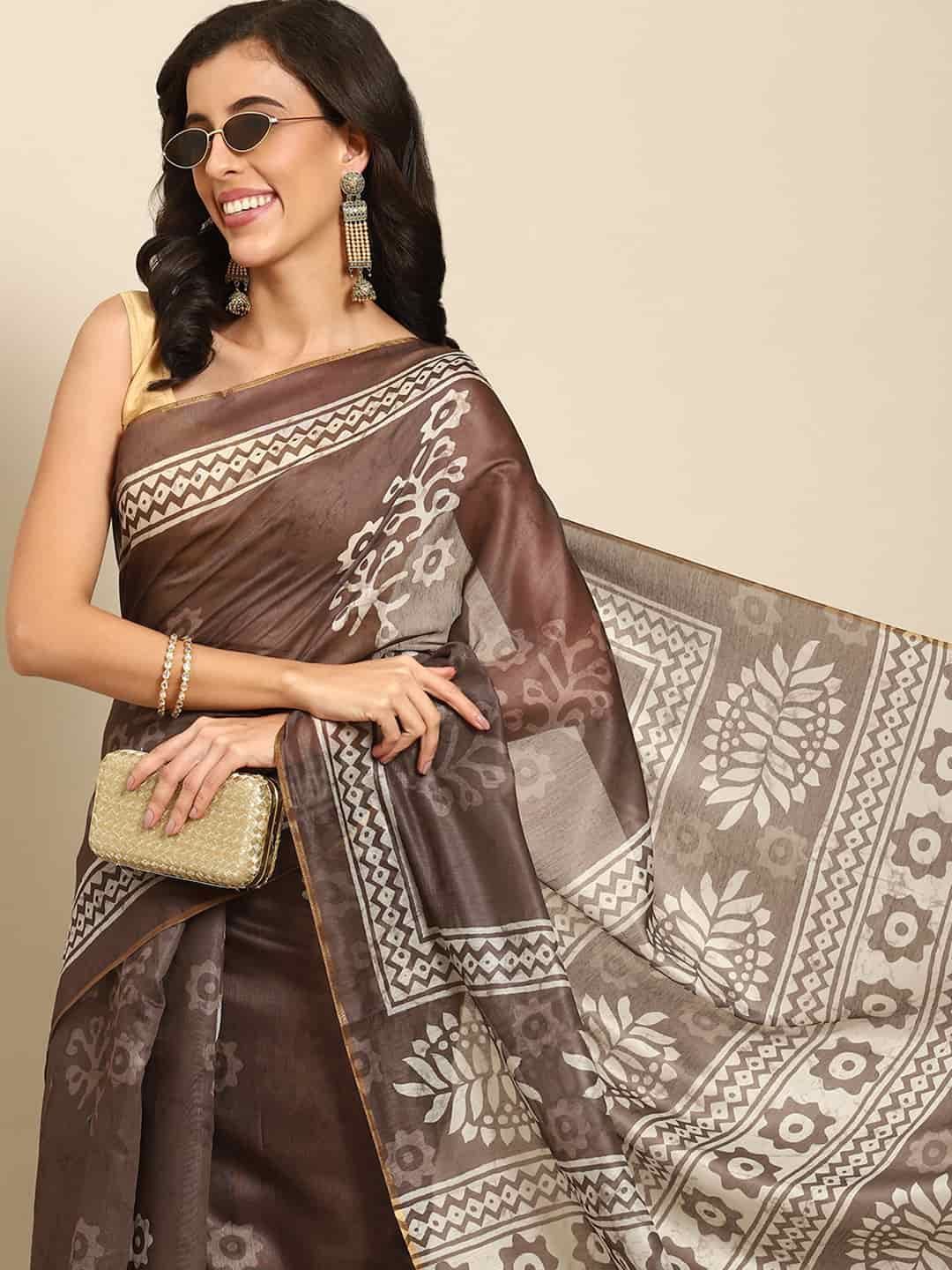 Women's Pure Cotton block print saree with unstiched blouse piece