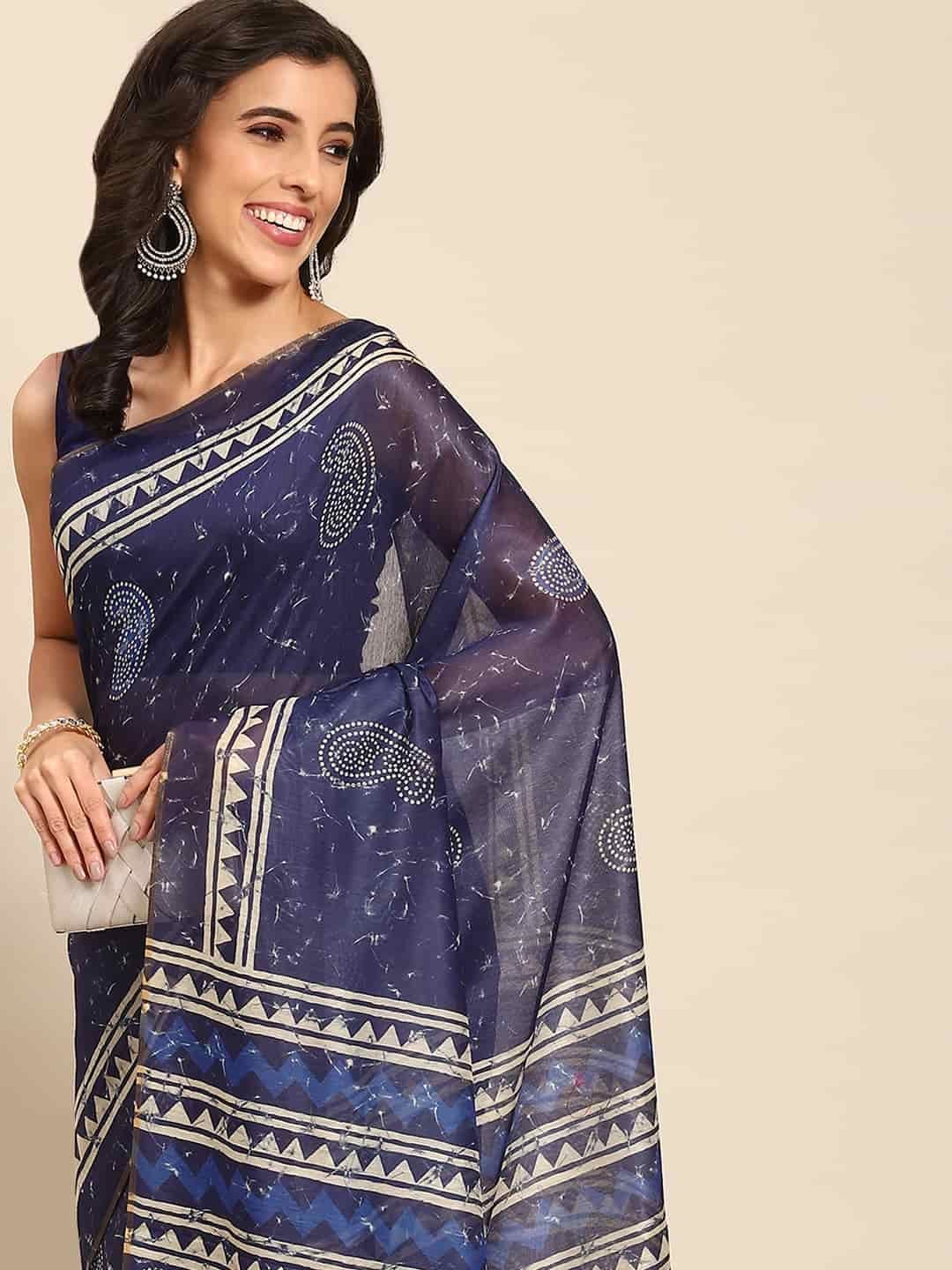 Women's Pure Cotton block print saree with unstiched blouse piece
