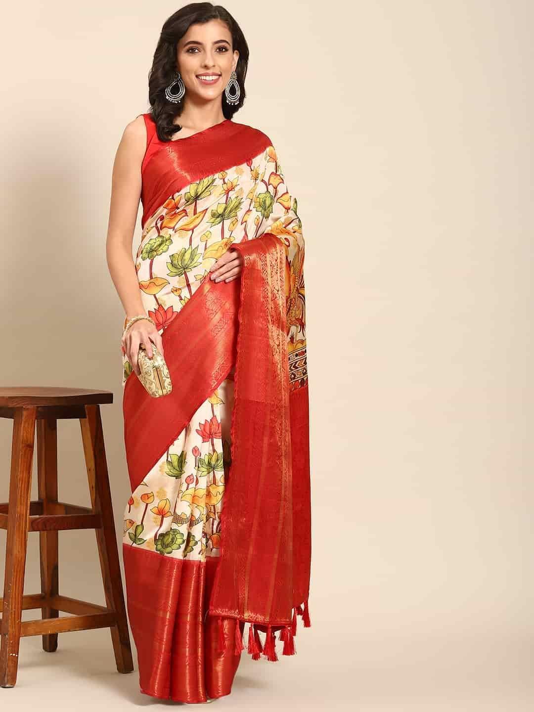 Women's Kalamkari Print with Regal Weave Silk Saree With Unstiched Blouse Piece
