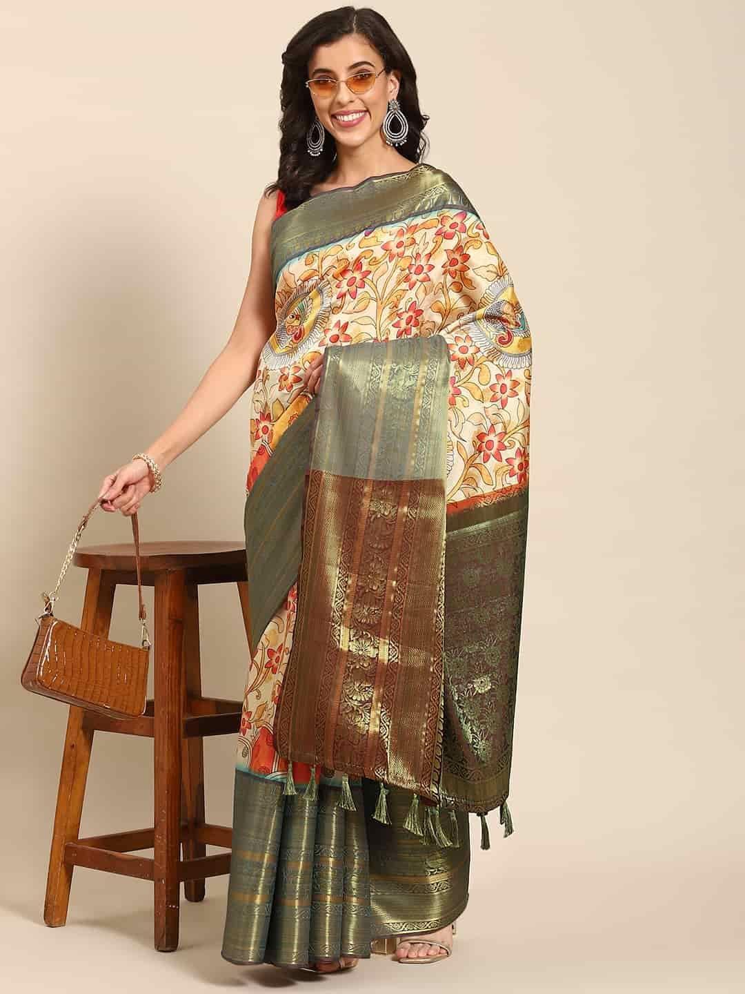 Women's Kalamkari Print with Regal Weave Silk Saree With Unstiched Blouse Piece