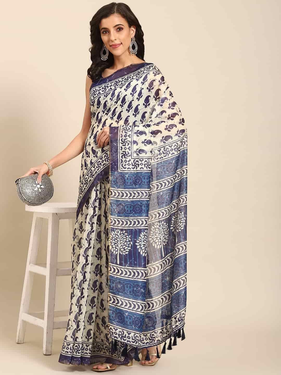 Women's Pure Cotton block print saree with unstiched blouse piece