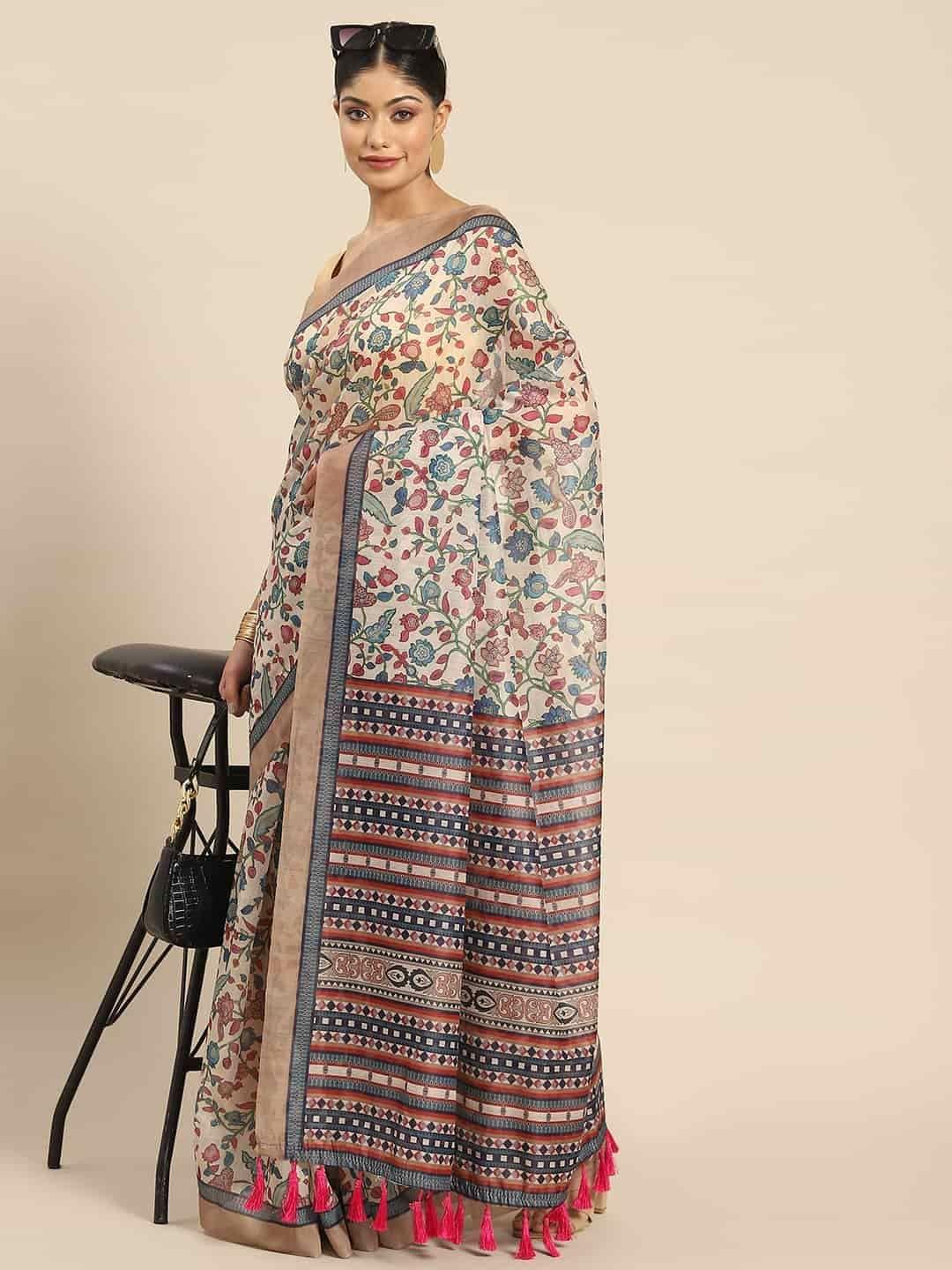 Women's Pure Cotton block print saree with unstiched blouse piece