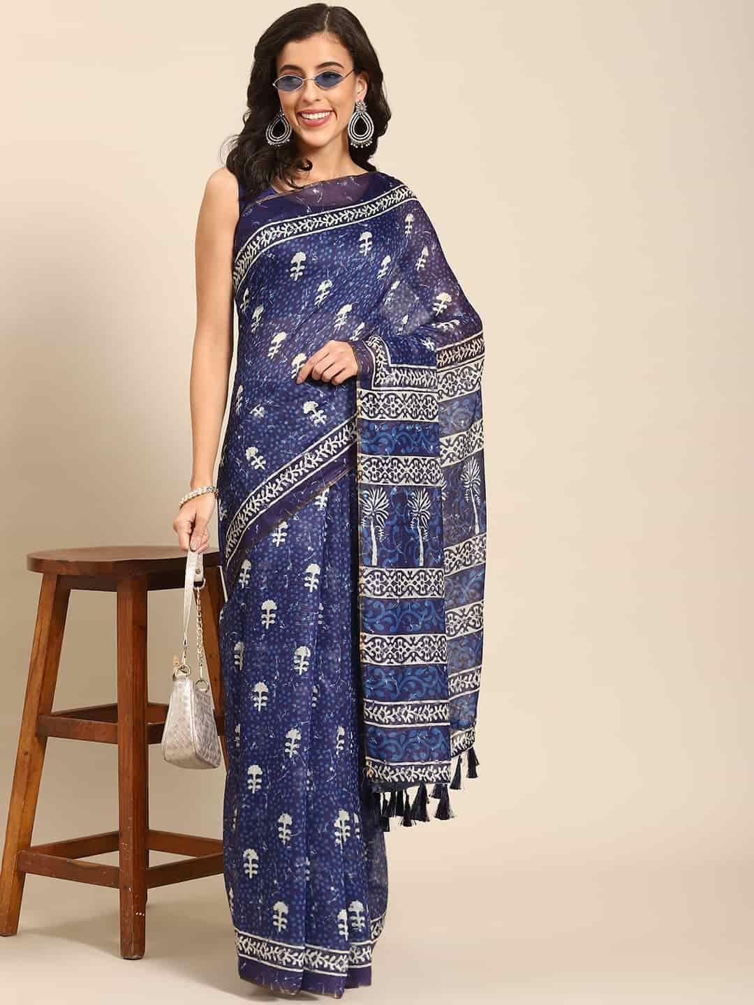 Women's Pure Cotton block print saree with unstiched blouse piece