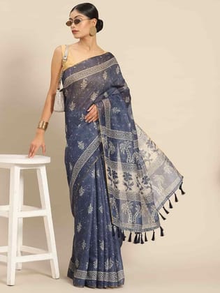 Women's Pure Cotton block print saree with unstiched blouse piece