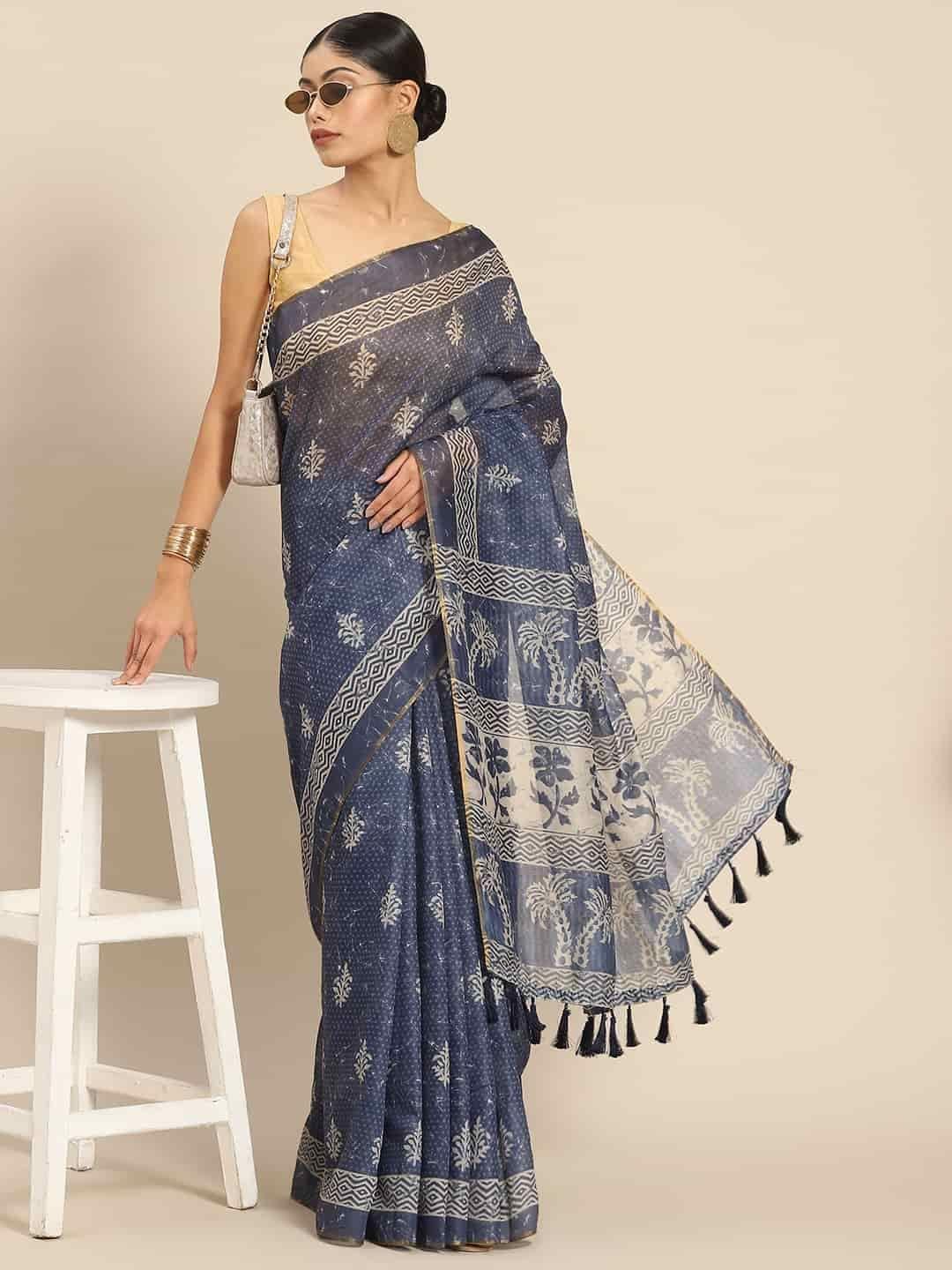 Women's Pure Cotton block print saree with unstiched blouse piece