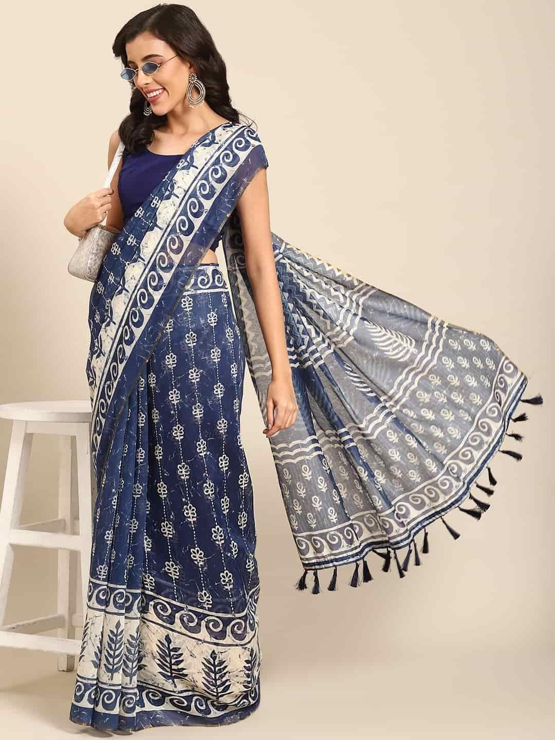 Women's Pure Cotton block print saree with unstiched blouse piece