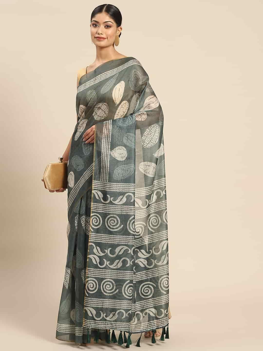 Women's Pure Cotton block print saree with unstiched blouse piece
