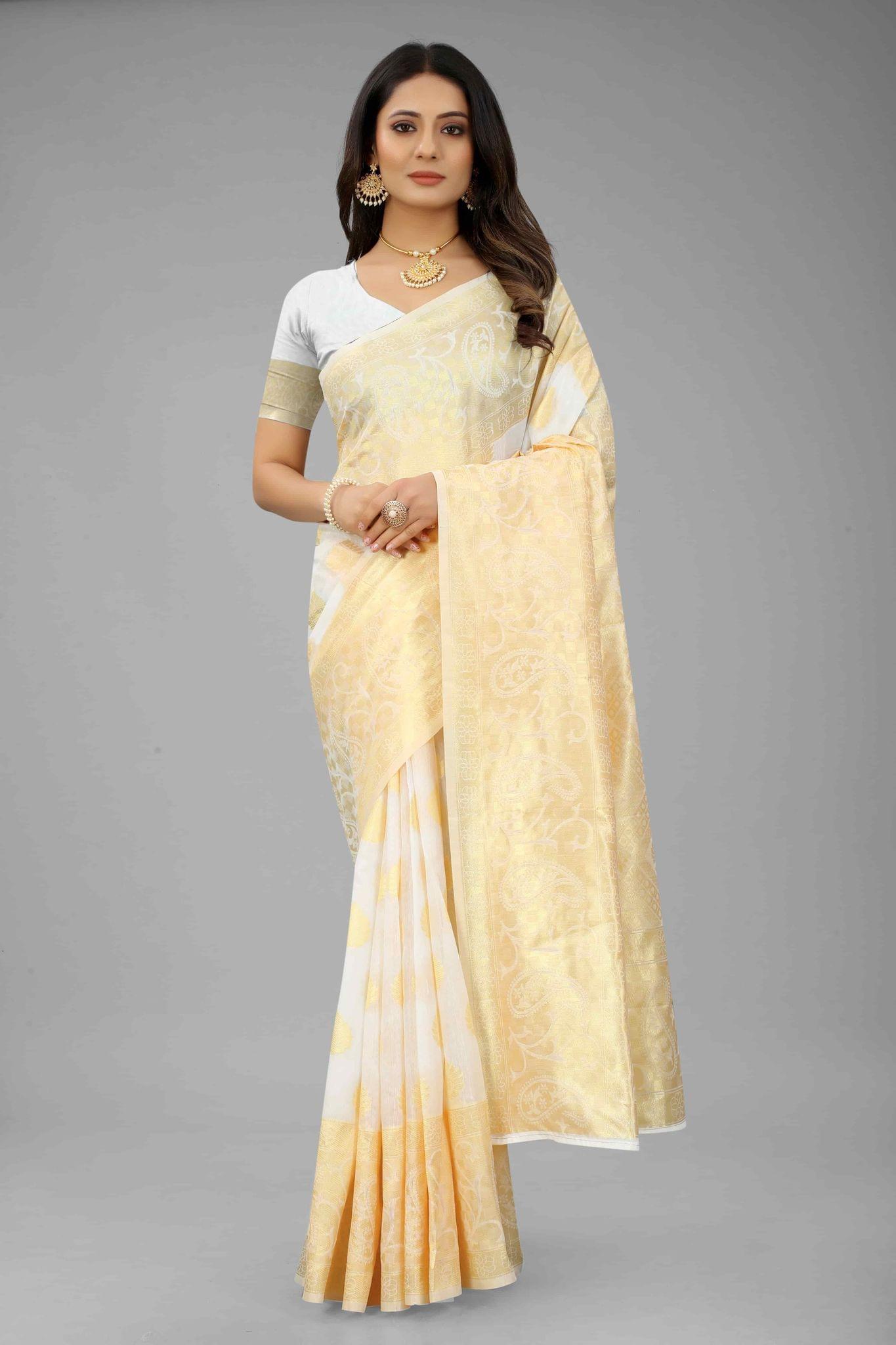 Women's Pearl White Kanjiwaram Art Silk Saree With Unstiched Blouse Piece