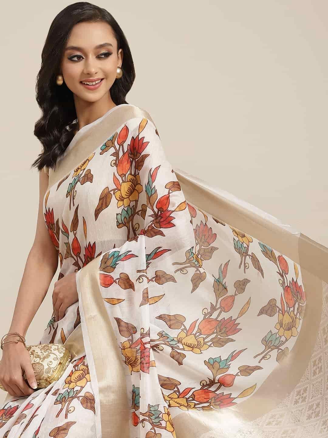 Women's Coral White Zari Woven Digital Print Design With Unstiched Blouse Piece