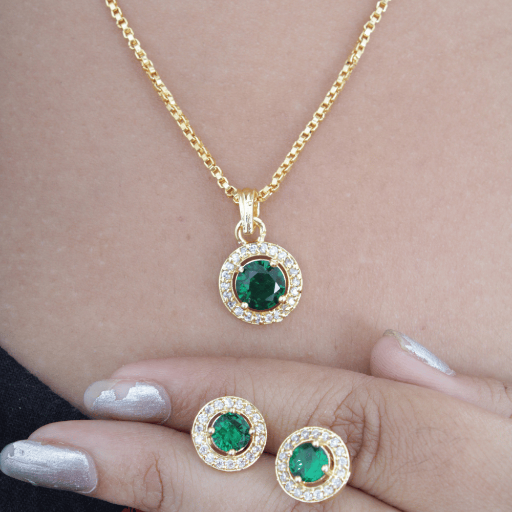 Golden plated Simple Pendant For Girls & Women | Green colour cz pendant