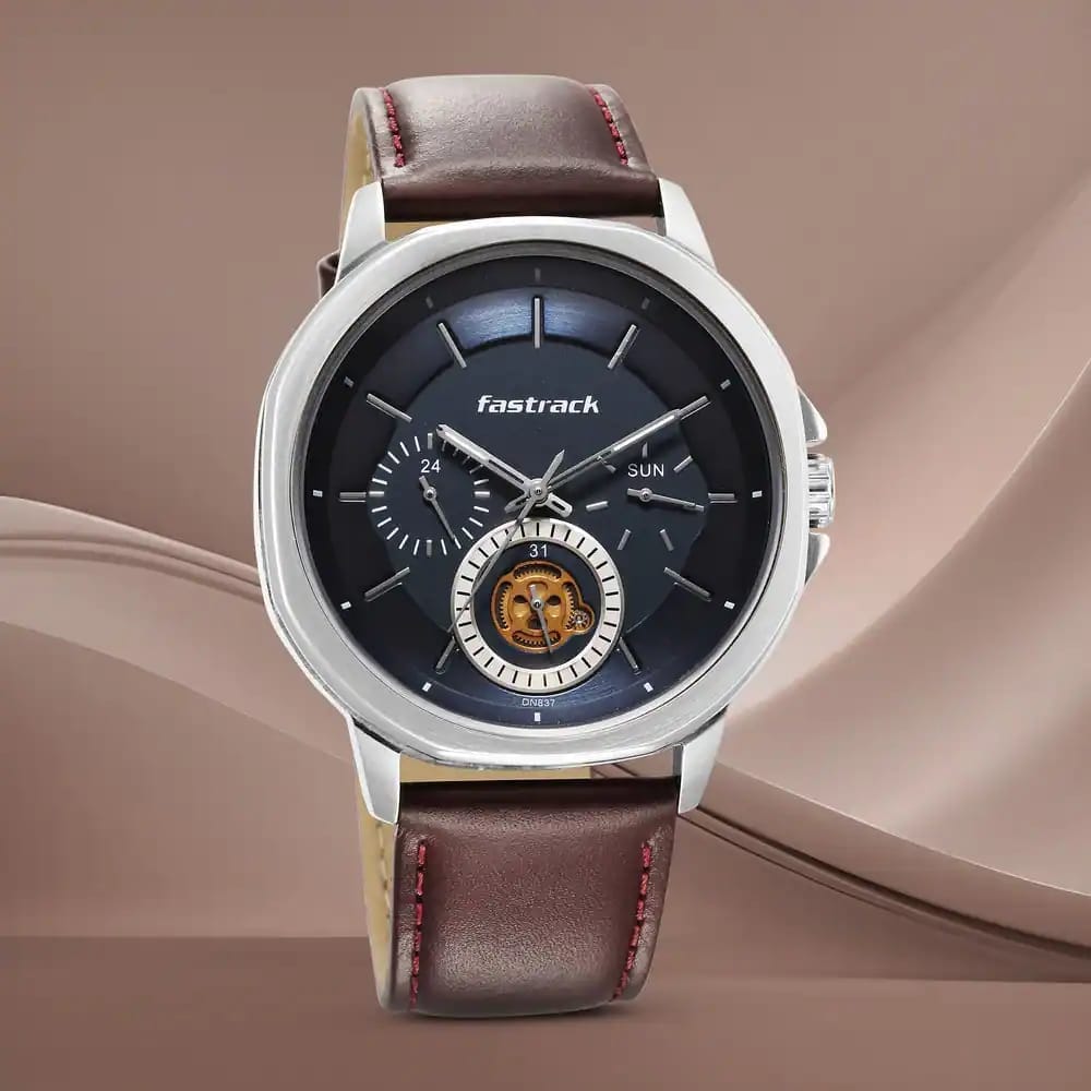 FASTRACK EXUBERANT QUARTZ MULTIFUNCTION BLUE DIAL LEATHER STRAP WATCH FOR GUYS