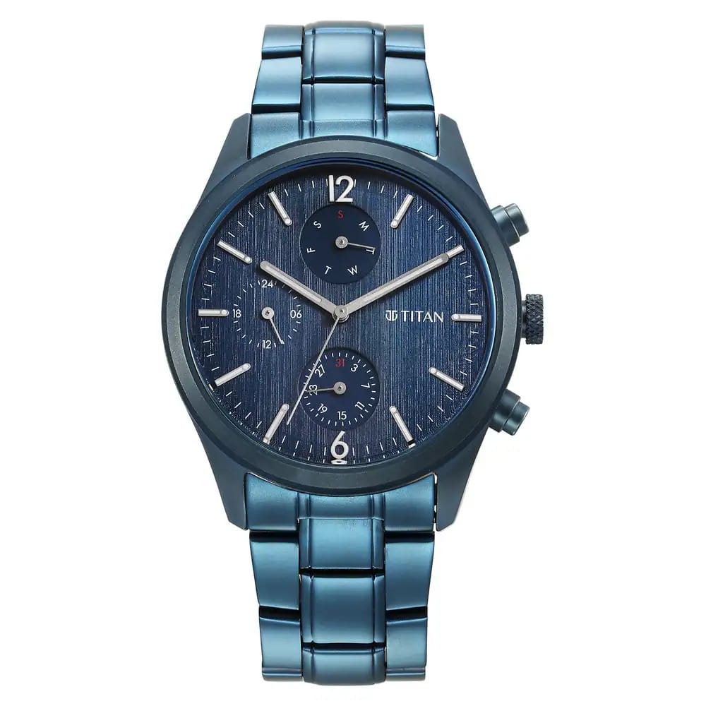 TITAN Neo Splash Quartz Multifunction Blue Dial Stainless Steel Strap Watch for Men 1805QM07