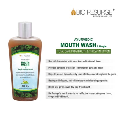Bio resurge antibacterial ayurvedic mouthwash | 200ml | ayush certified, for germ defense, bad breath, plaque, cavities and gum, sore throat, cough