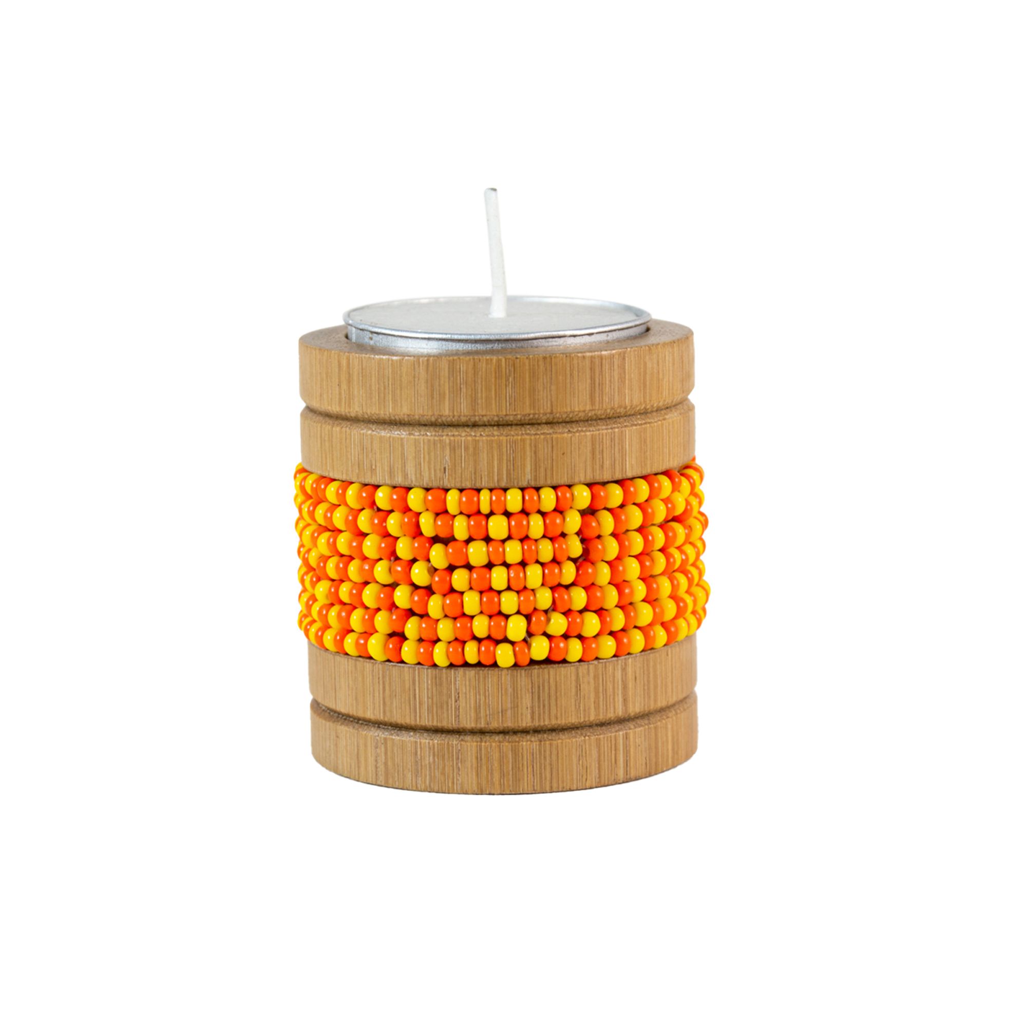 Handmade Natural Bamboo Tealight Candle Holder Natural With Bead Work Orange & Yellow Color