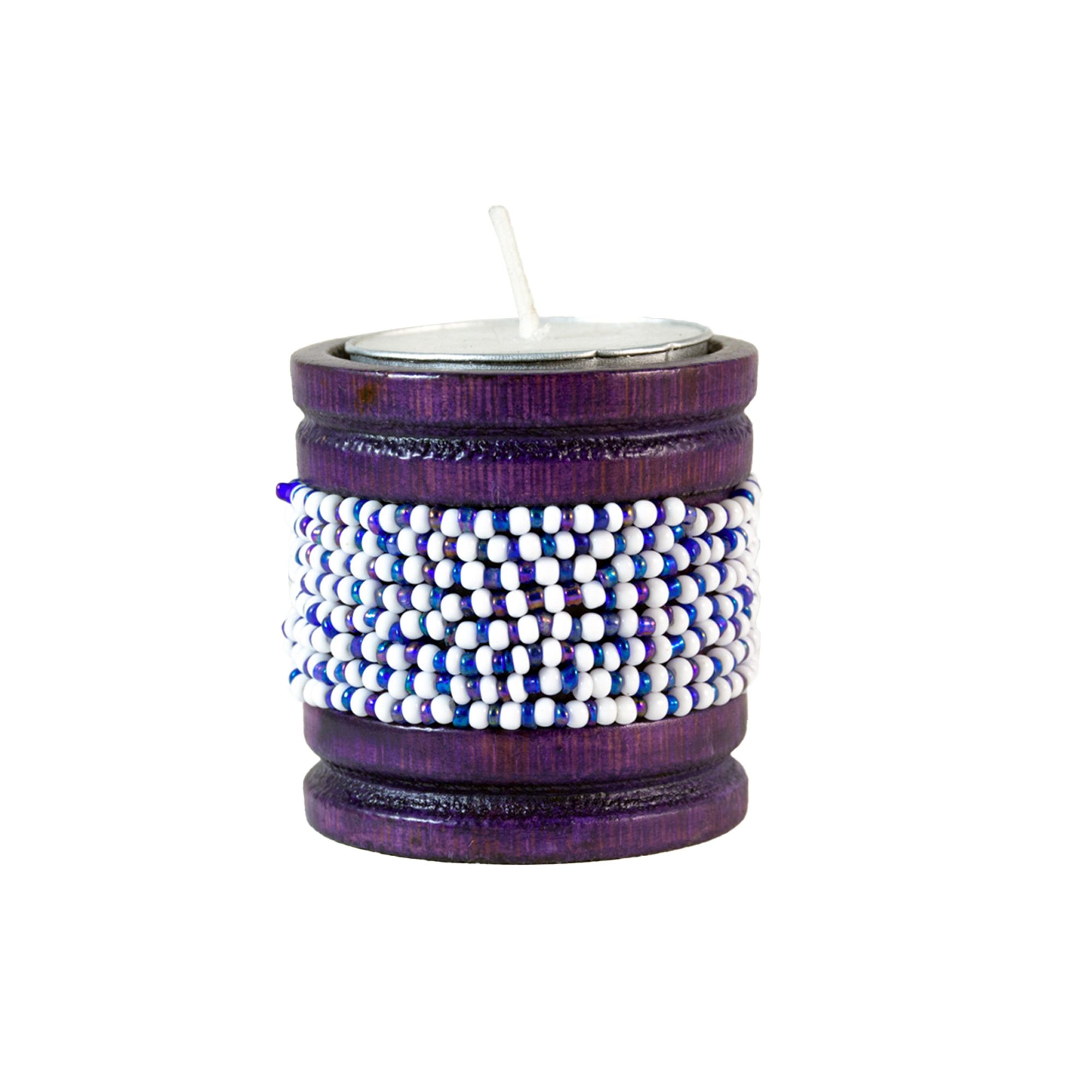Handmade Natural Bamboo Tealight Candle Holder Purple With Bead Work White & Purple Color
