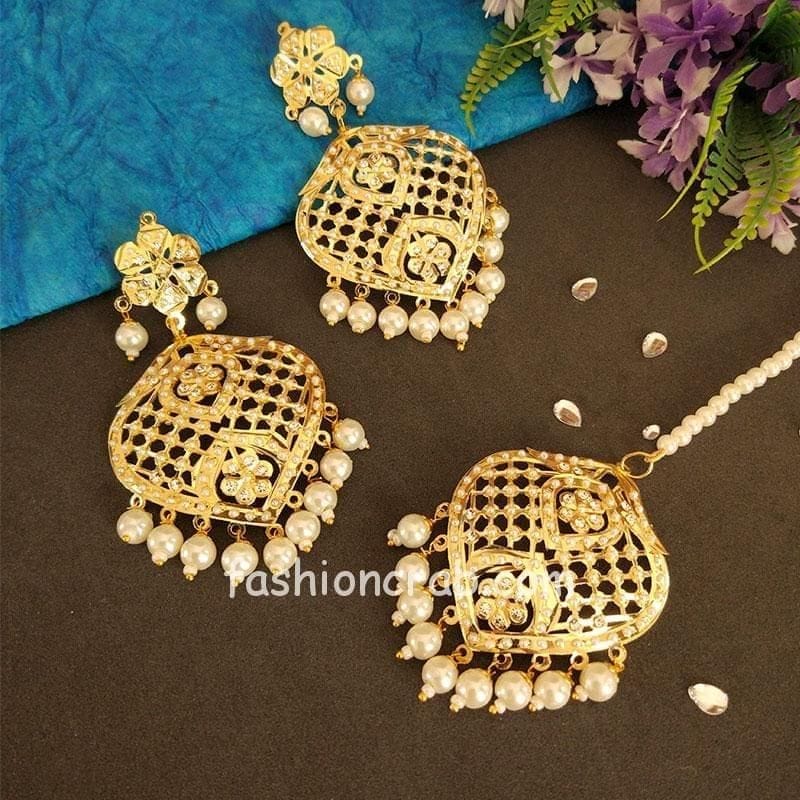 Gold Plated Pearl Jadau Chandbali Earrings in Silver ER 043