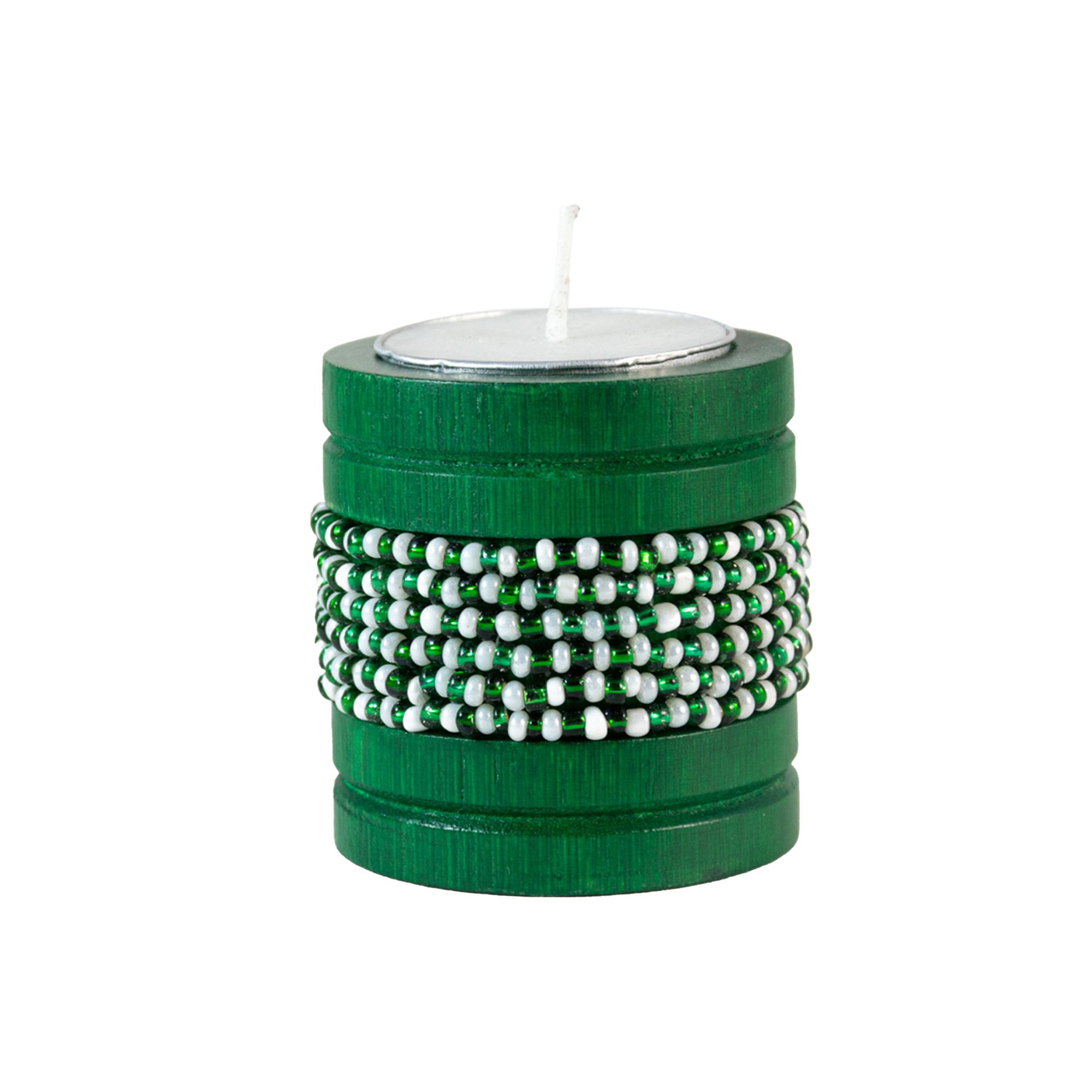Handmade Natural Bamboo Tealight Candle Holder Purple With Bead Work Green & Green Color