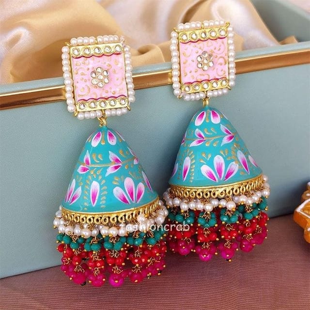Big Mint Green Meenakari Pearl Jhumka Earring for Wedding by