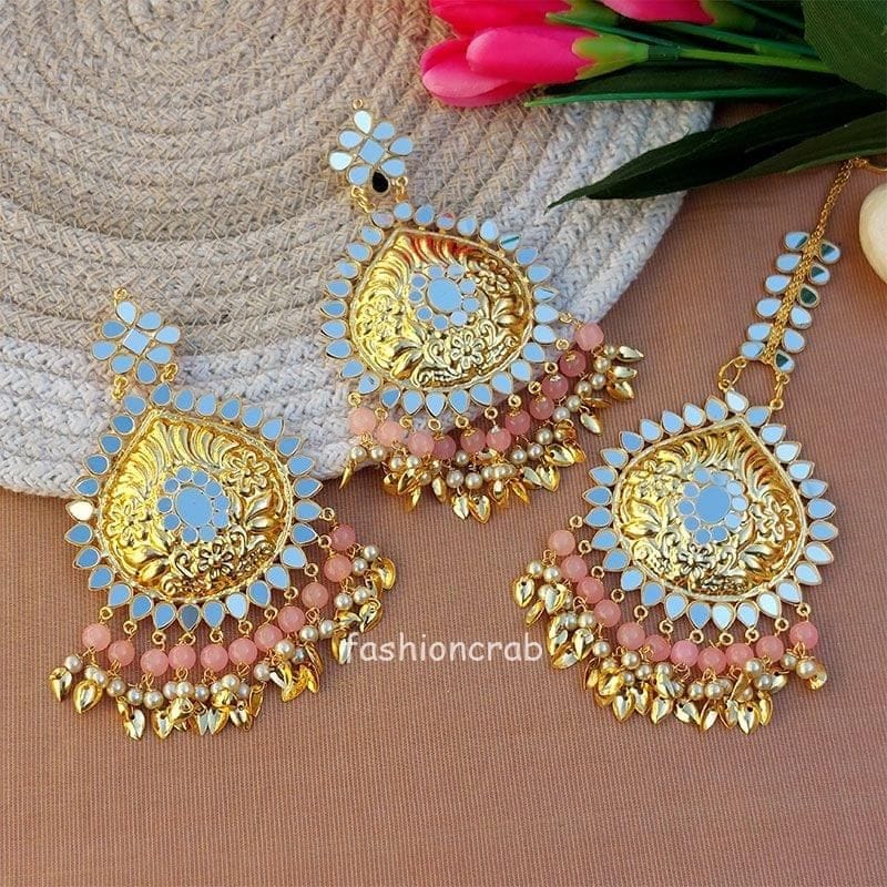 Light Pink Pipal Patti Jhumka Bali with Tikka by FashionCrab