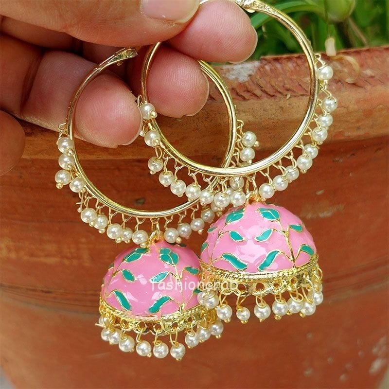 Pink Lotus Rajasthani Meenakari Jhumka Earring - Mrigangi