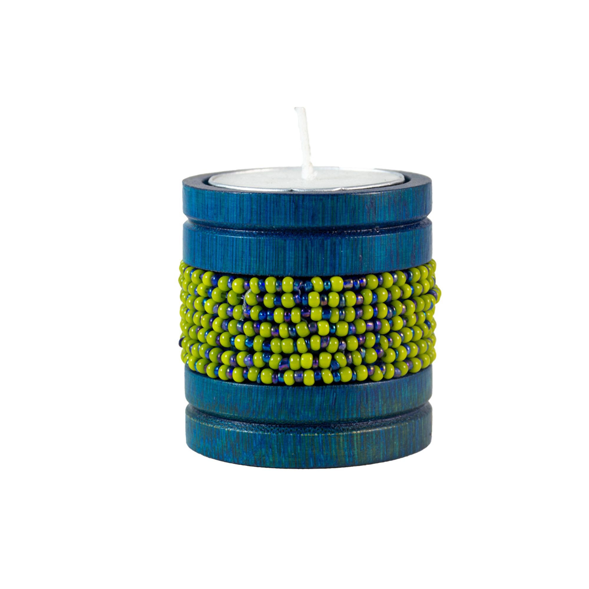 Handmade Natural Bamboo Tealight Candle Holder Blue With Bead Work Green & Purple Color