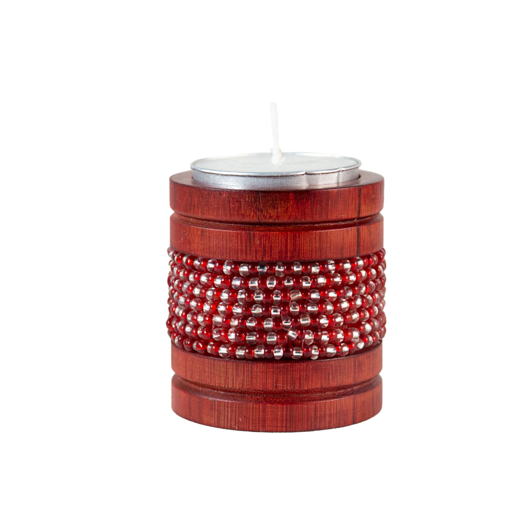 Handmade Natural Bamboo Tealight Candle Holder Red With Bead Work Green & Golden Color