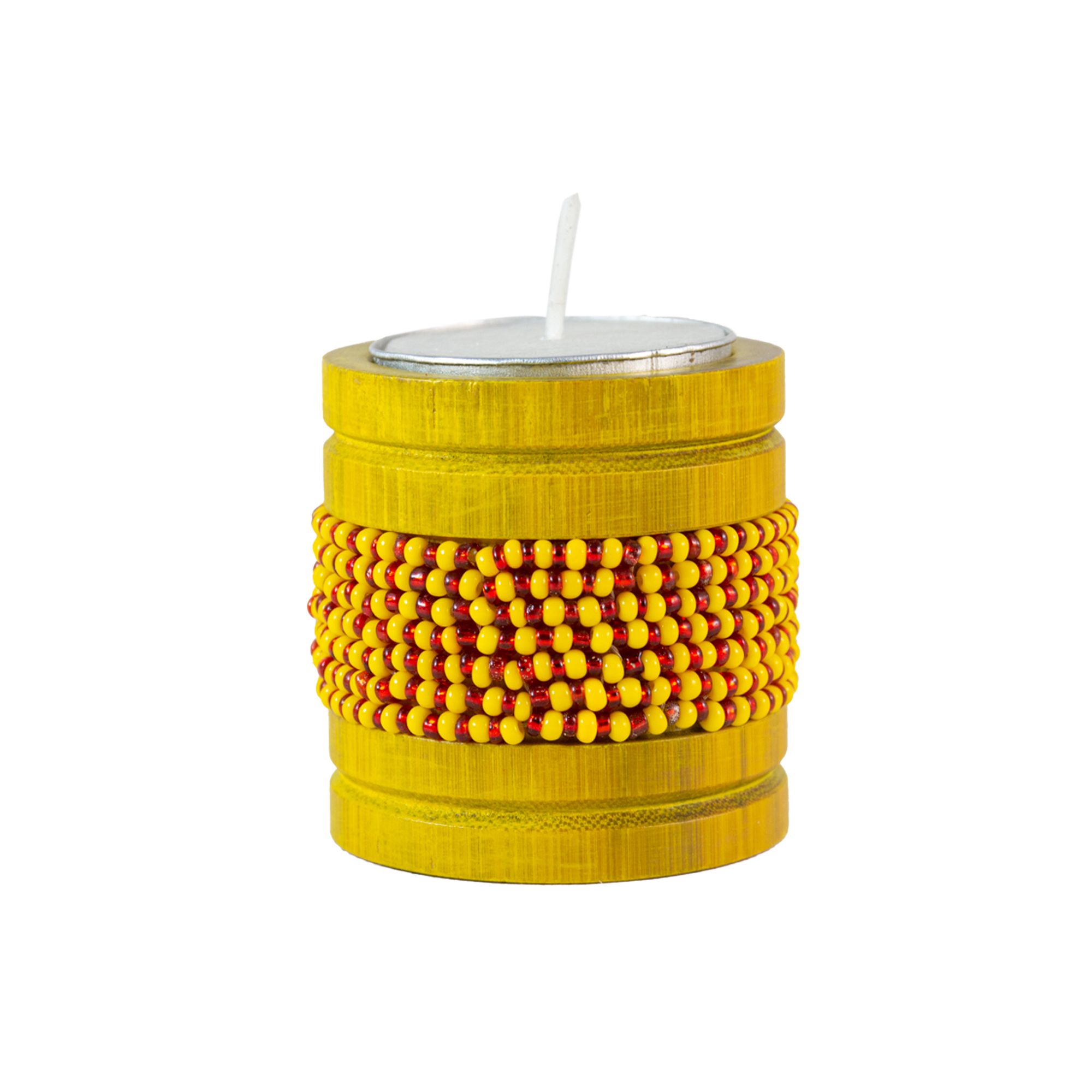 Handmade Natural Bamboo Tealight Candle Holder Yellow With Bead Work Yellow & Red Color