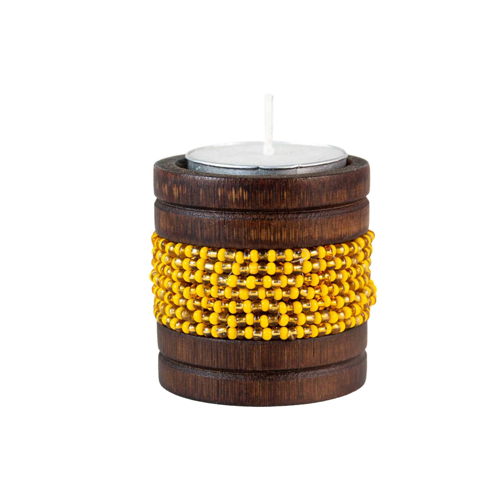 Handmade Natural Bamboo Tealight Candle Holder Brown With Bead Work Yellow & Gold Color