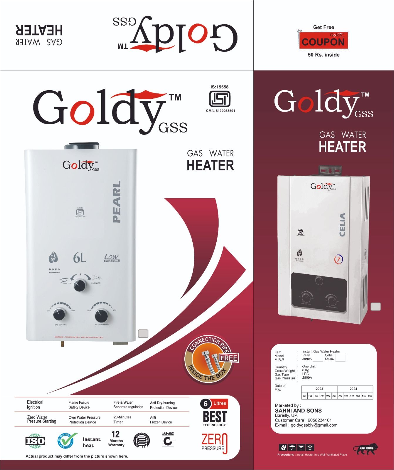 GOLDY PEARL GAS WATER HEATER  6L CAPACITY