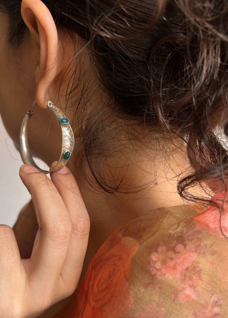 Seher oxidised silver hoops with emerald stones