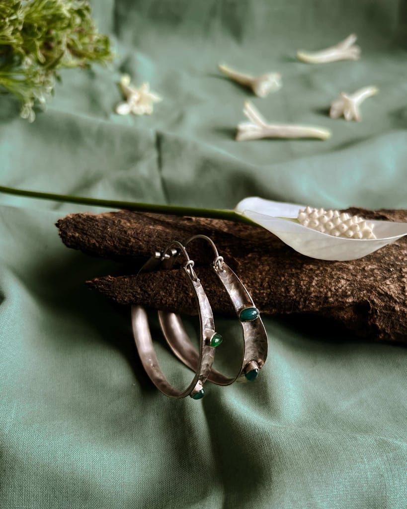 Seher oxidised silver hoops with emerald stones