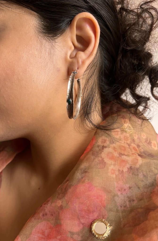 Seher oxidised silver hoops with emerald stones