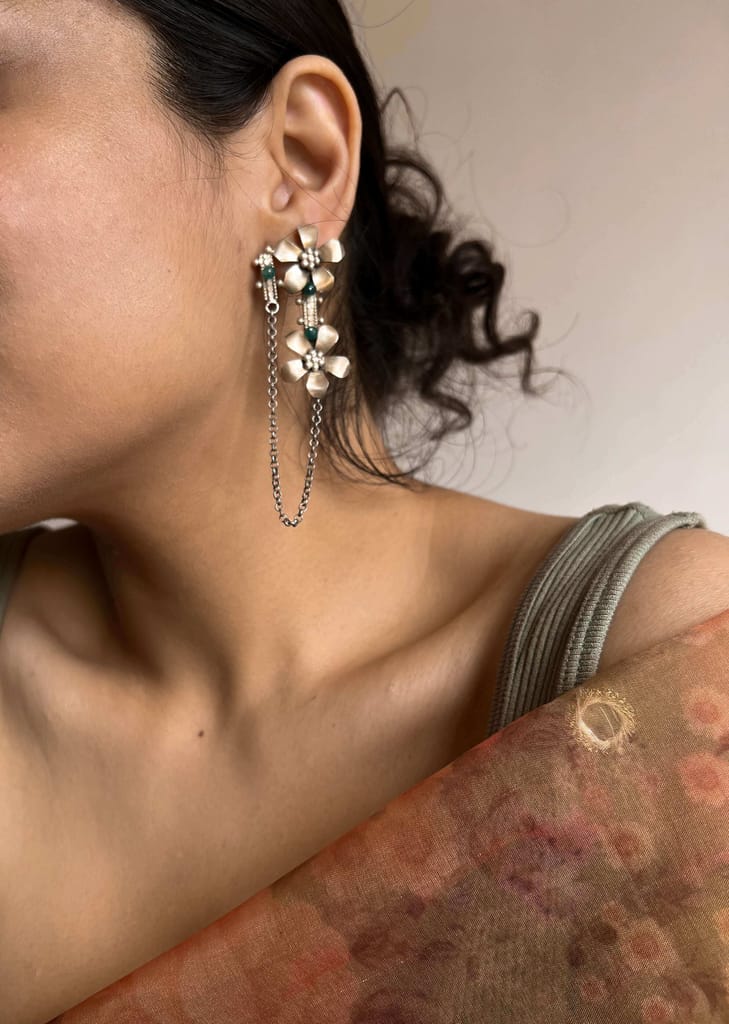 Prakruti silver earring with flower motif and emerald stone