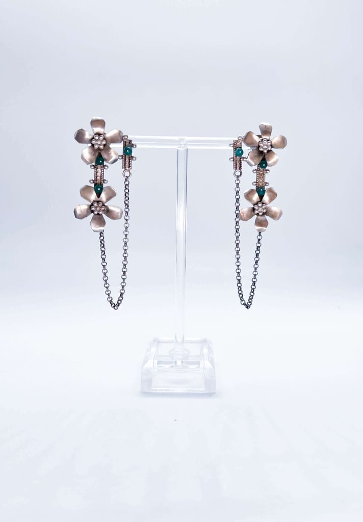 Prakruti silver earring with flower motif and emerald stone