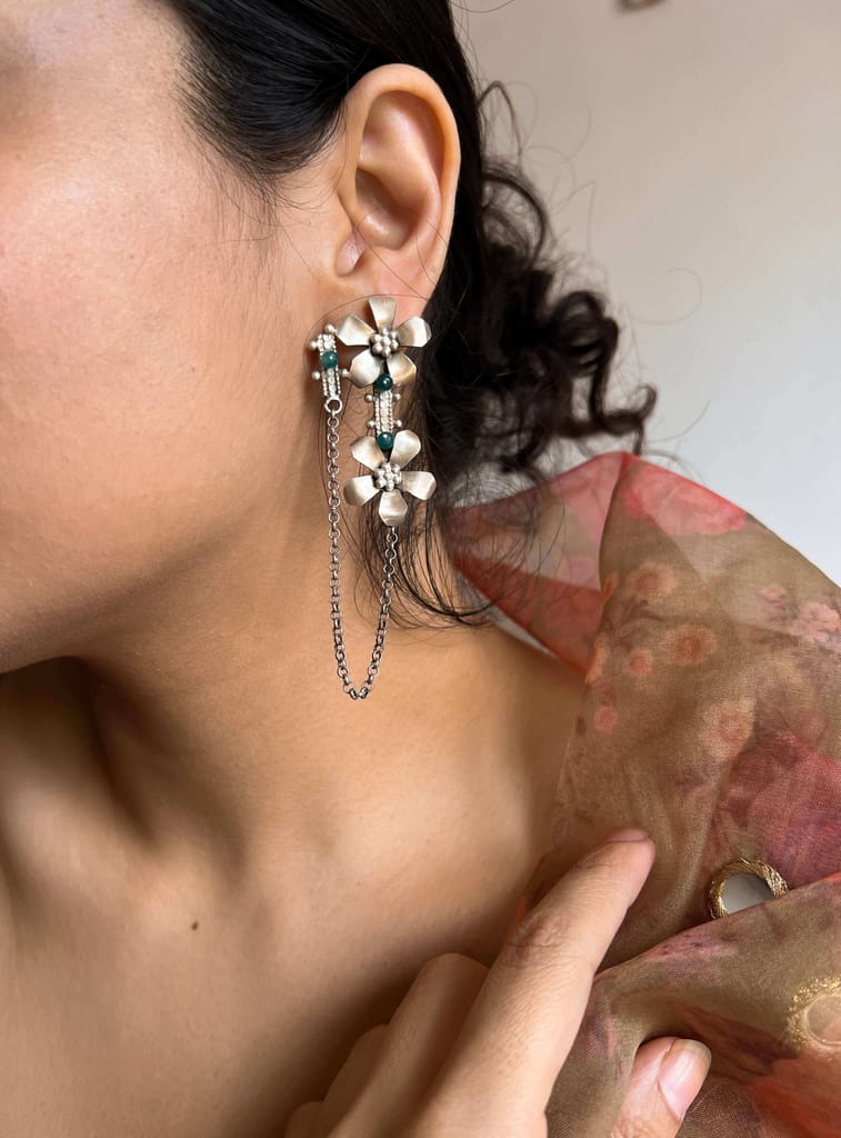 Prakruti silver earring with flower motif and emerald stone