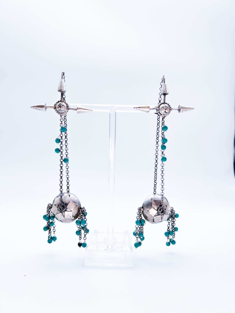 Vanshni long silver danglers with ear chain and turquoise beads