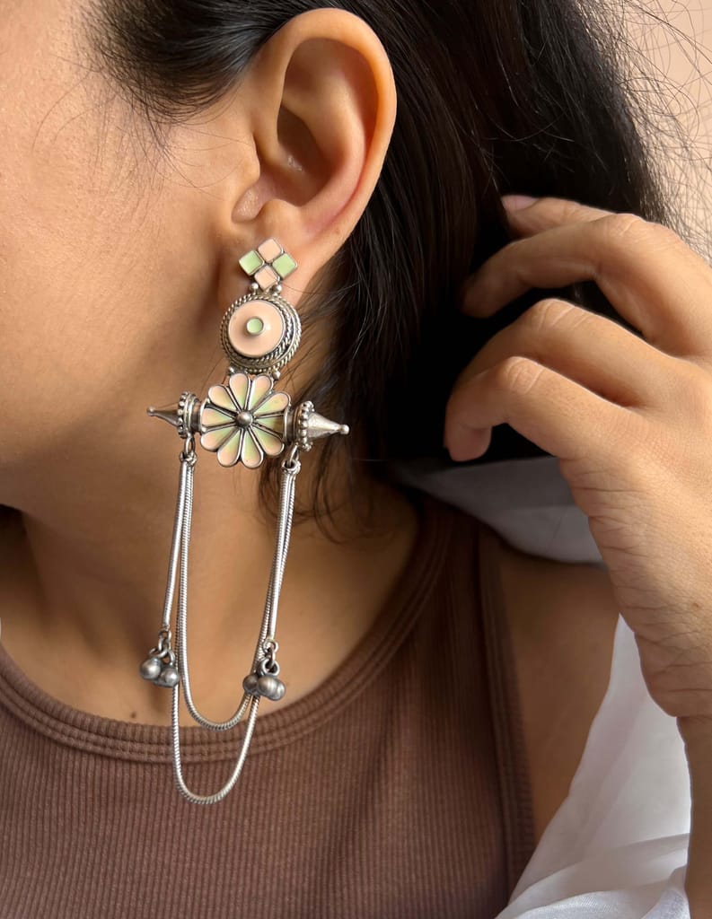 Parthi long silver earring with enamel details