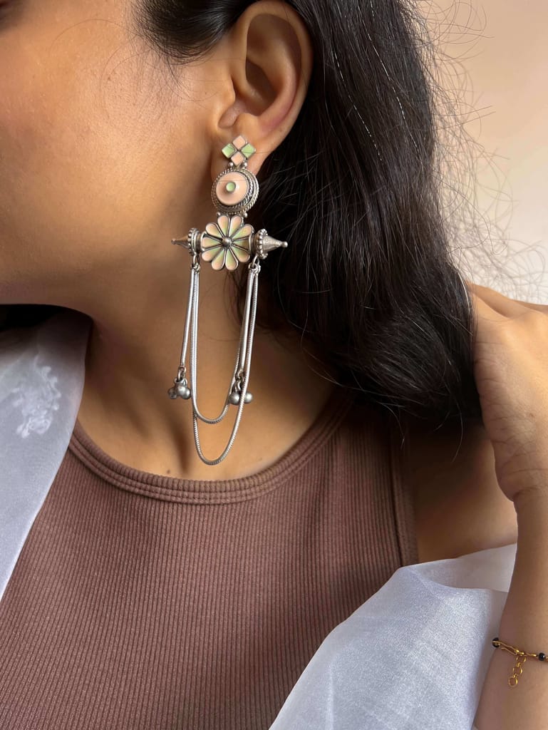 Parthi long silver earring with enamel details