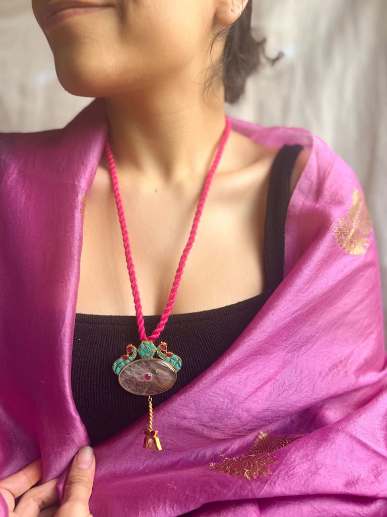 Nalika silver pendant with turquoise and ruby stone kundan