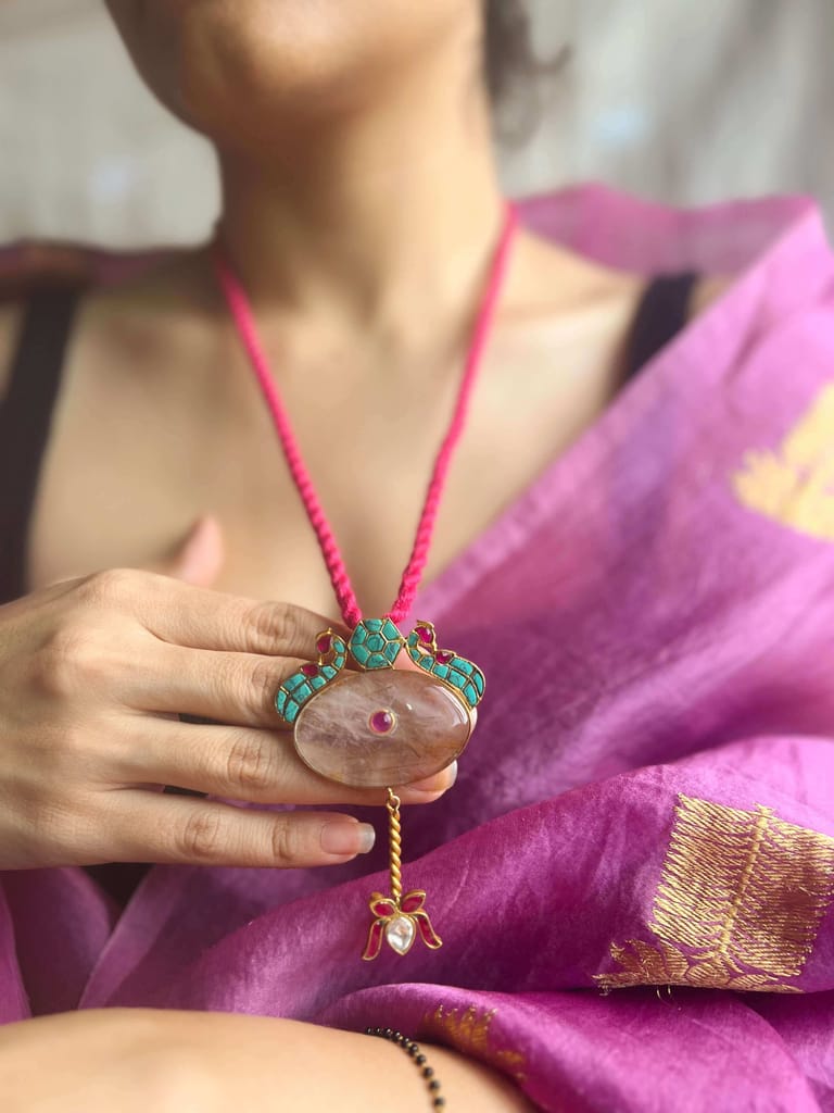 Nalika silver pendant with turquoise and ruby stone kundan