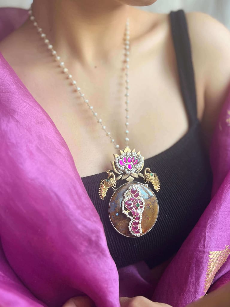 Raga gold plated silver pendant with kundan work and pearl chain