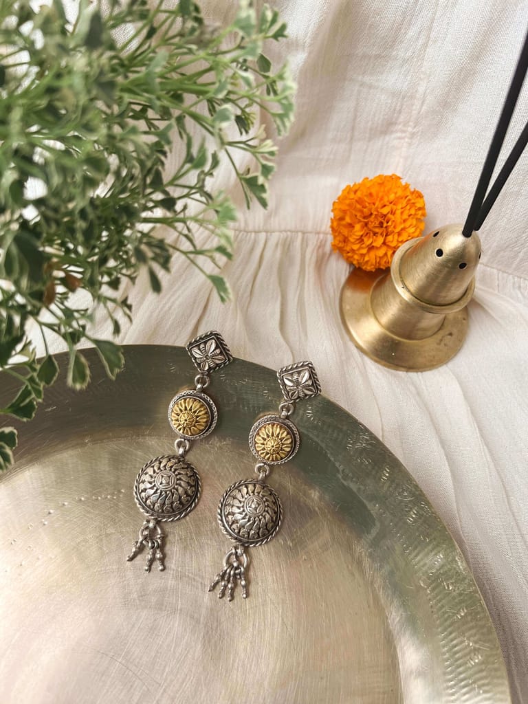 Stupa dual tone danglers in silver with carving