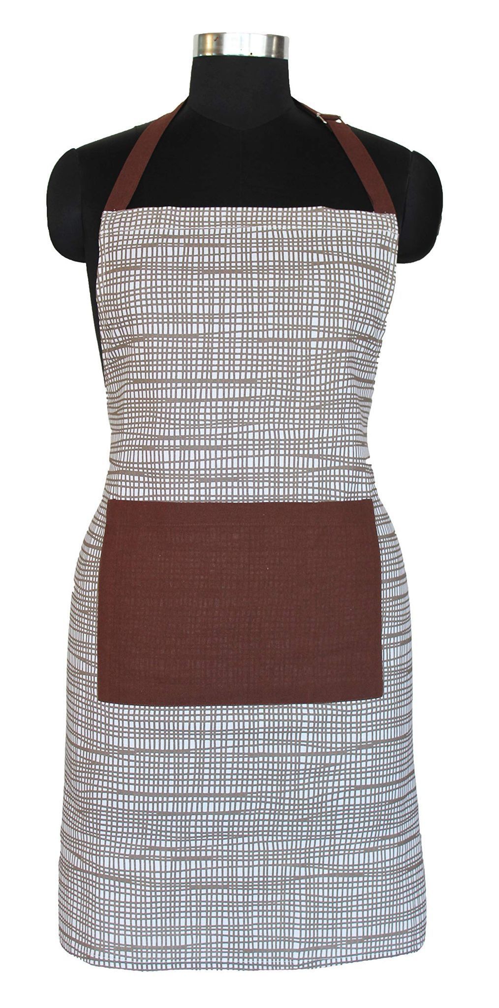 AIRWILL, 100% cotton designer aprons, sized 65cm in width and 80cm in length with 1 center pocket, adjustable buckle on top and 2 long ties on both 2 sides. Pack of 1 piece.