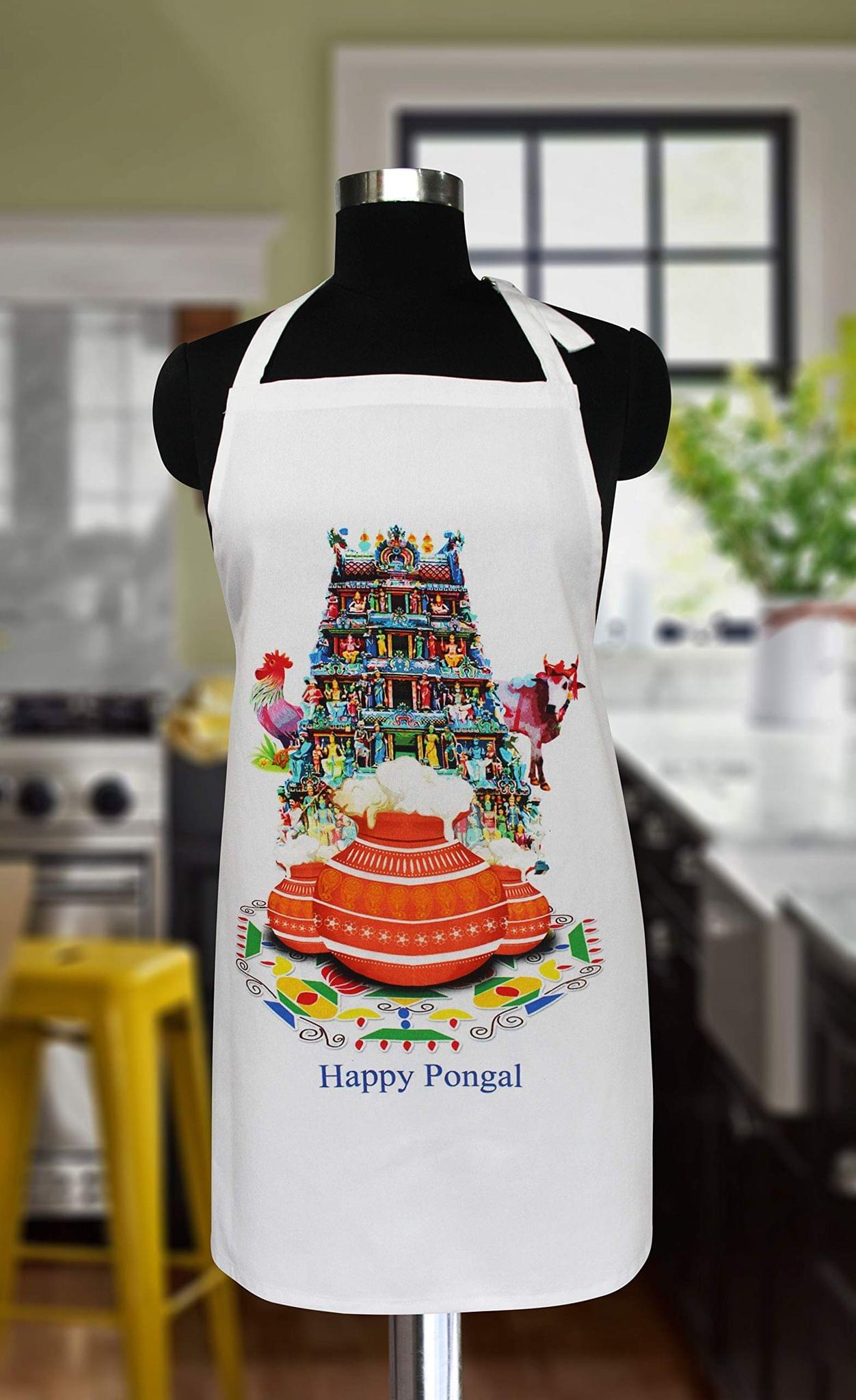 AIRWILL, 100% Cotton Pongal Design Printed Aprons, Sized 65cm in Width & 80cm in Length with 1 Center Pocket, Adjustable Buckle on Top and 2 Long Ties On Both 2 Sides. Pack of 1 piece