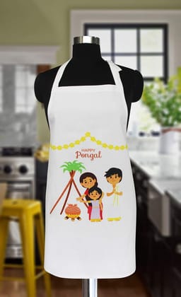 AIRWILL, 100% Cotton Pongal Design Printed Aprons, Sized 65cm in Width & 80cm in Length with 1 Center Pocket, Adjustable Buckle on Top and 2 Long Ties On Both 2 Sides. Pack of 1 piece