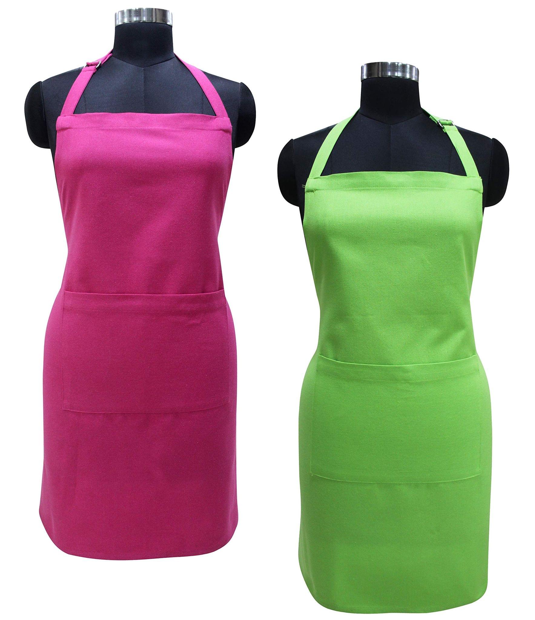 AIRWILL 100% Cotton Premium Quality Solid Pattern Free Sized Apron (Pink,Green, Pack of 2)