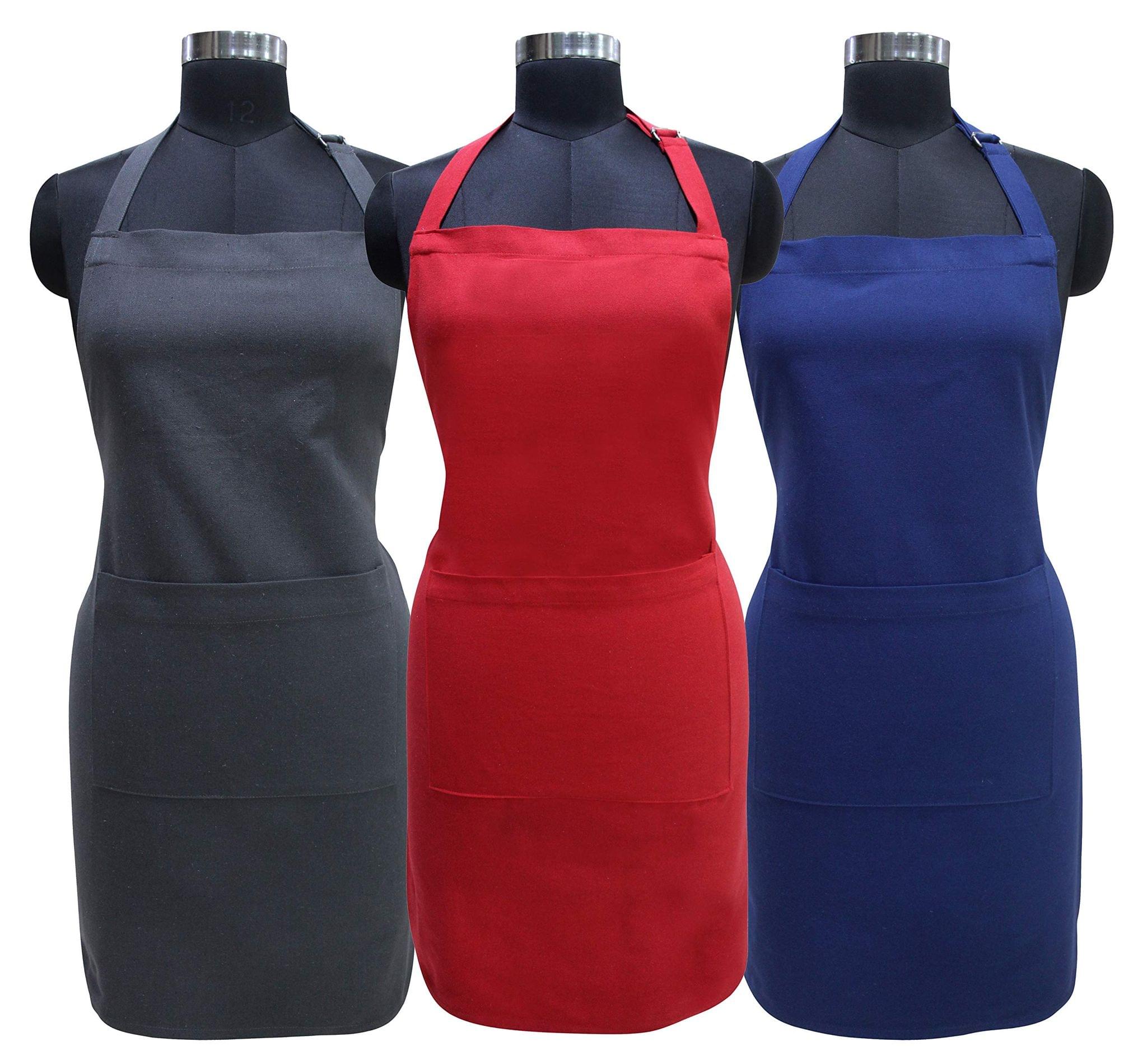 AIRWILL 100% Cotton Premium Quality Solid Pattern Free Sized Apron (Red,Black,Blue, Pack of 3)