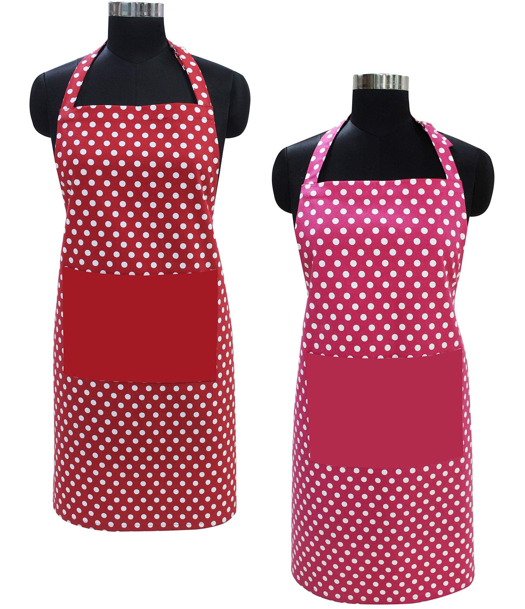 AIRWILL Cotton Polka Dot Printed Pattern Free Size Apron with Center Pocket, Adjustable Buckle on Top and Long Straps (Red,Pink, Pack of 2)